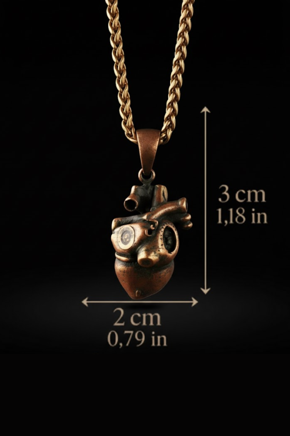 A close-up image of a gold-colored pendant necklace with a heart-shaped pendant, against a black background.