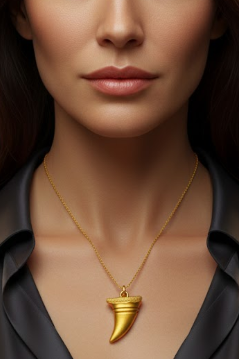 A close-up of a woman's face, with a gold necklace featuring a pendant hanging around her neck.