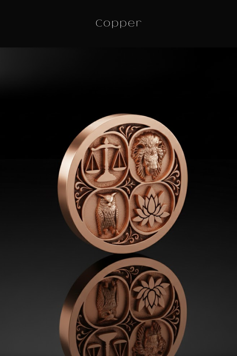 A copper-colored coin with intricate designs, including a lion, owl, lotus flower, and scales, arranged in a circular pattern.