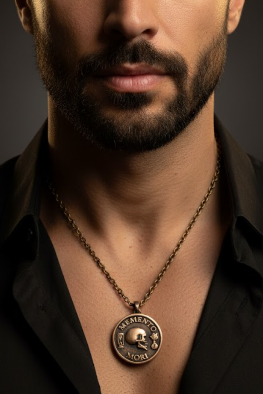A close-up of a man's neck and chest area, with a gold-colored pendant necklace featuring a skull and crossbones design.