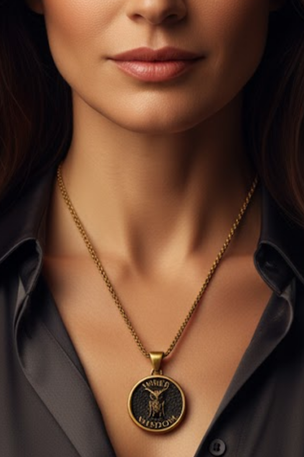 A close-up of a woman's neck and chest area, with a gold necklace featuring a circular pendant with text.