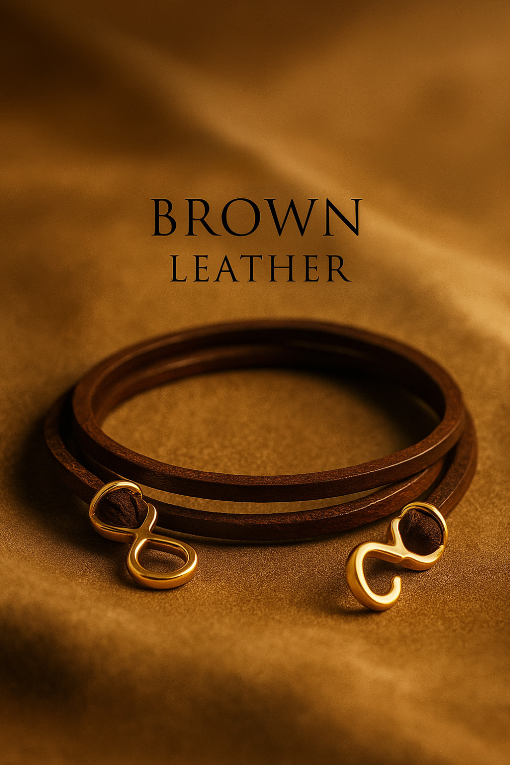 a brown leather bracelet and two gold earrings, with the text "BROWN LEATHER" displayed prominently.