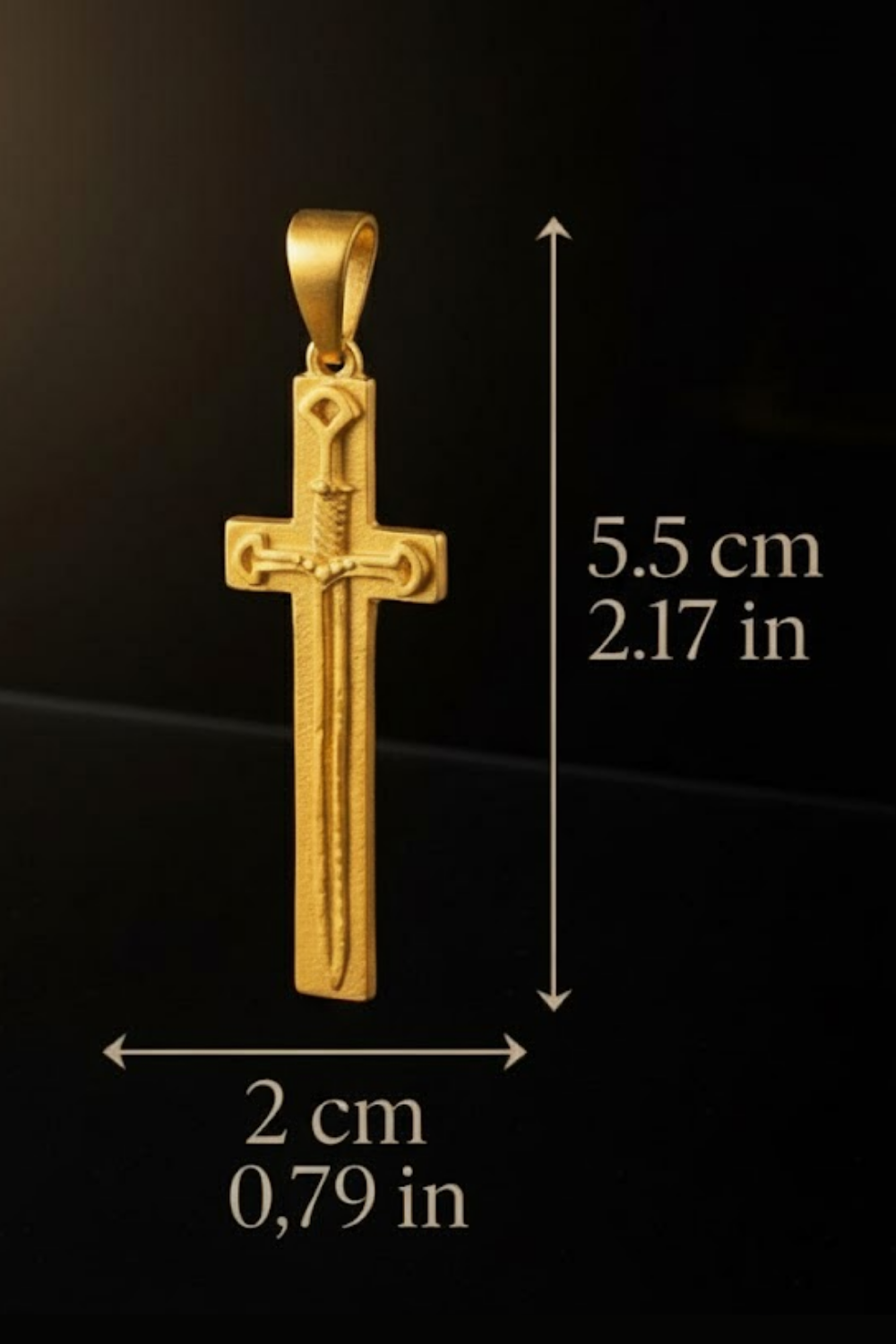 A gold cross pendant with a sword design, measuring 5.5 cm in length and 2.17 cm in width.