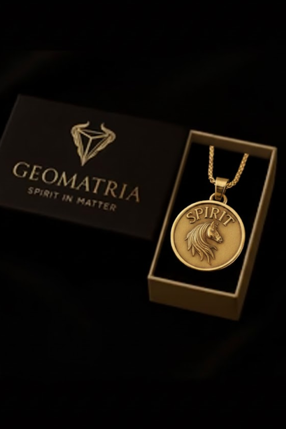 A gold-colored pendant necklace with a circular medallion featuring a lion's head design, placed in a black box with the word "Geomatria" printed on it.