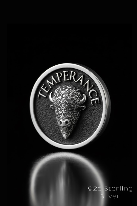 A close-up of a silver coin featuring a detailed buffalo head design.