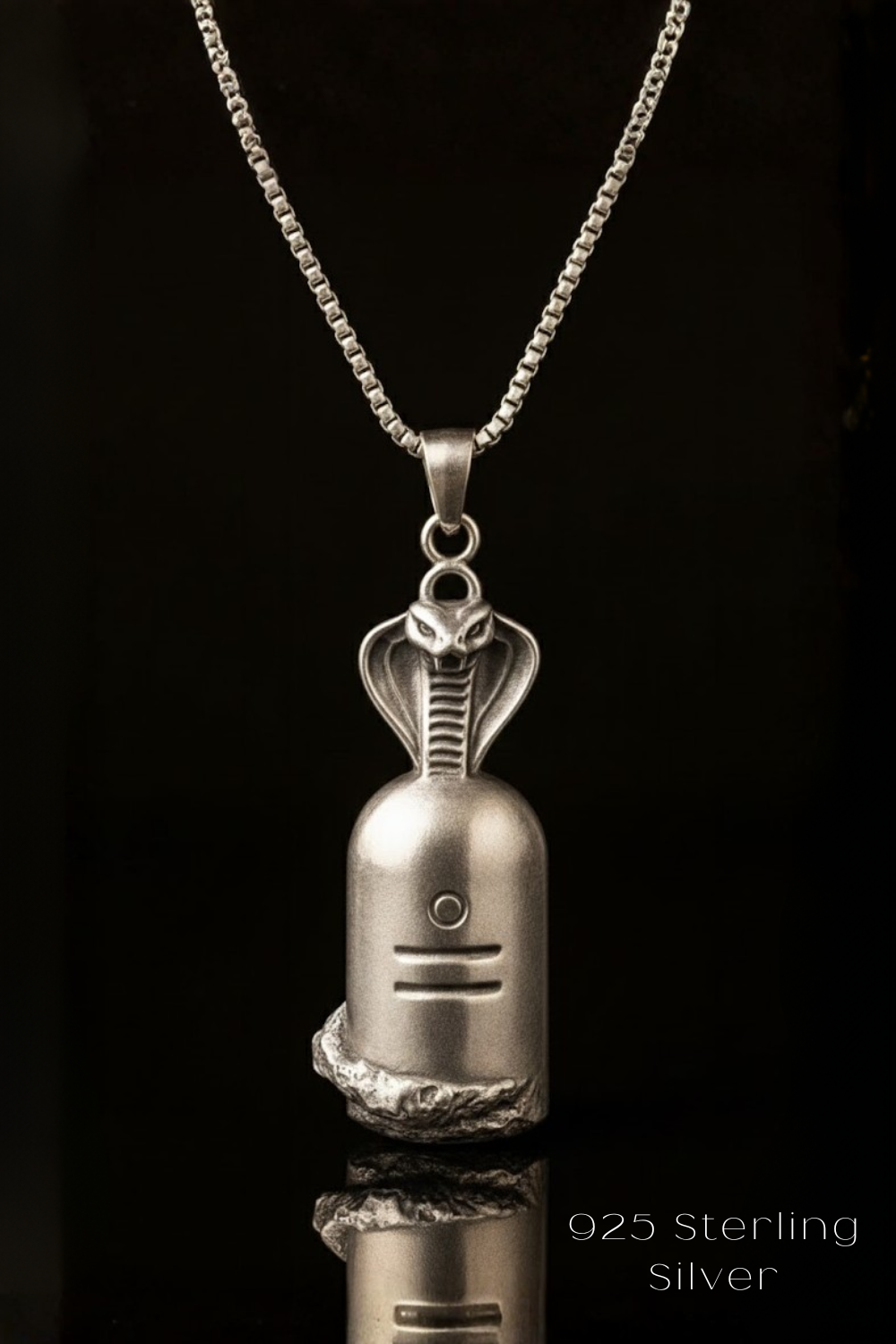 A silver pendant necklace with a snake design on a black background.