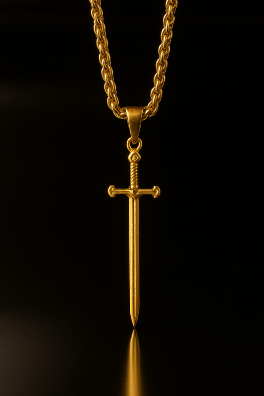 A gold-colored sword pendant is suspended from a chain against a black background.