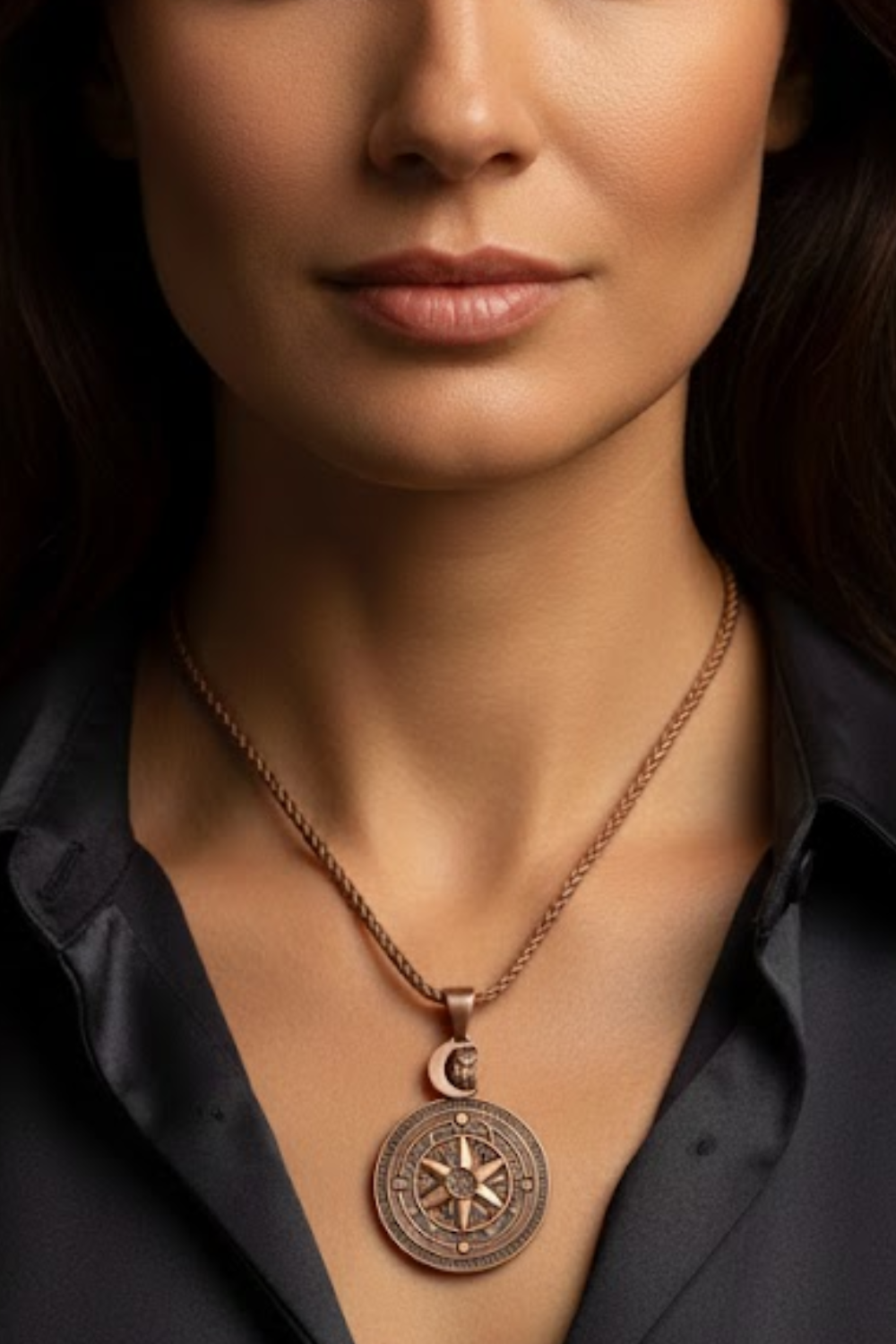 A close-up of a woman's neck and chest area, with a pendant necklace featuring a compass design.