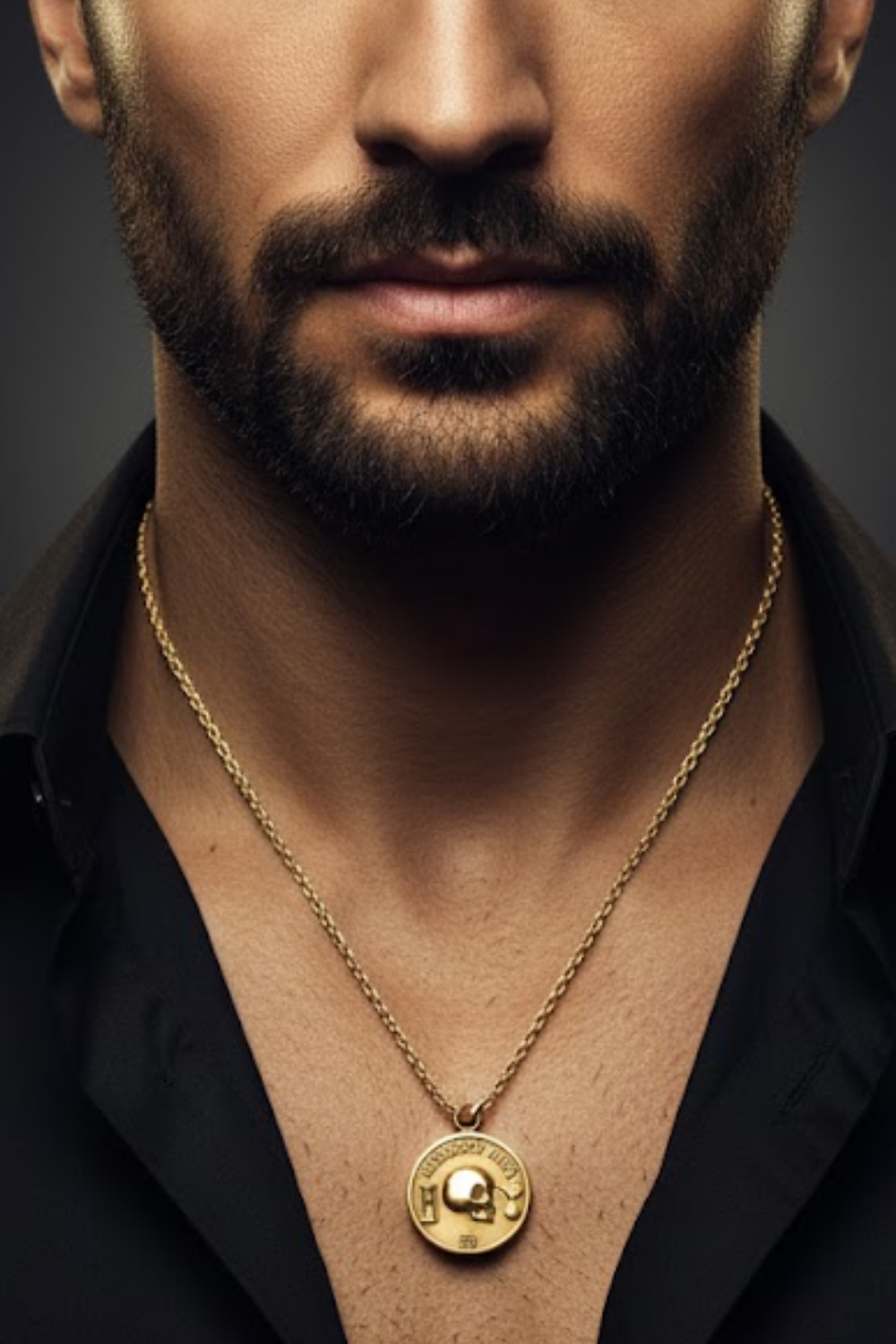 A close-up of a man's neck and chest area, with a gold necklace and a round medallion featuring a skull and crossbones design.