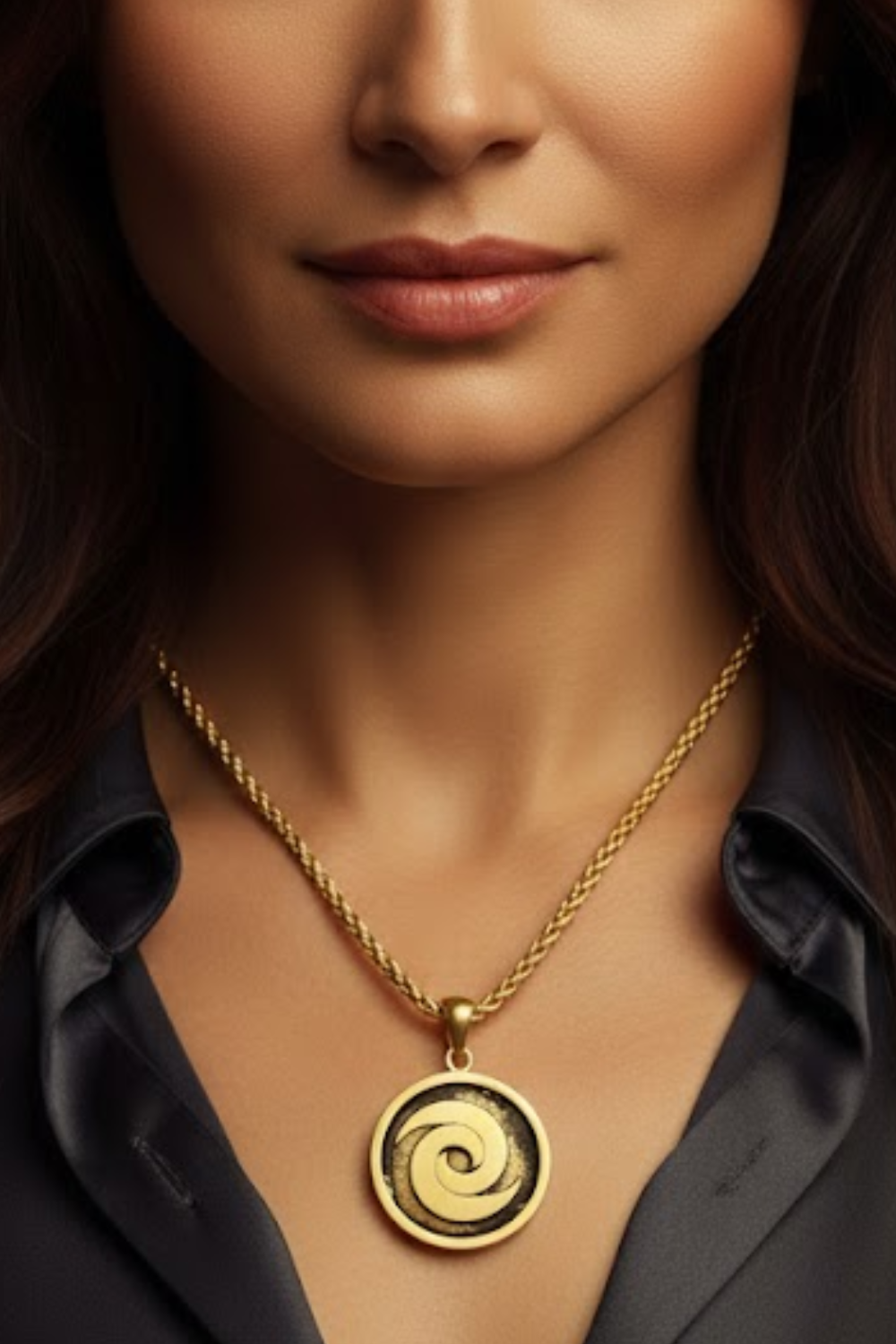 A close-up of a woman's face wearing a gold necklace with a circular pendant.