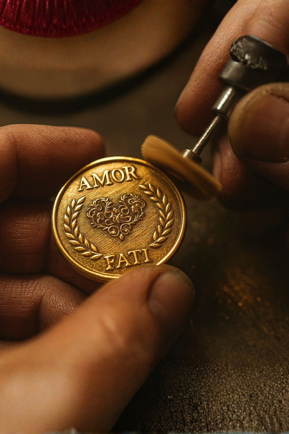 A person is polishing a gold-colored coin with a brush, which has the words "Amor Fati" engraved on it.