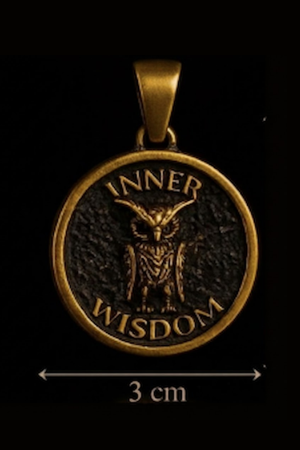 A pendant in the shape of a circle with an owl design, and the text "INNER WISDOM" written around the edge.