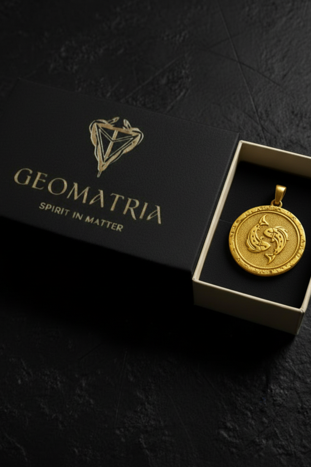 A gold pendant is displayed in a black box with the text "Geomatria" and "SPIRIT IN MATTERS" printed on it.