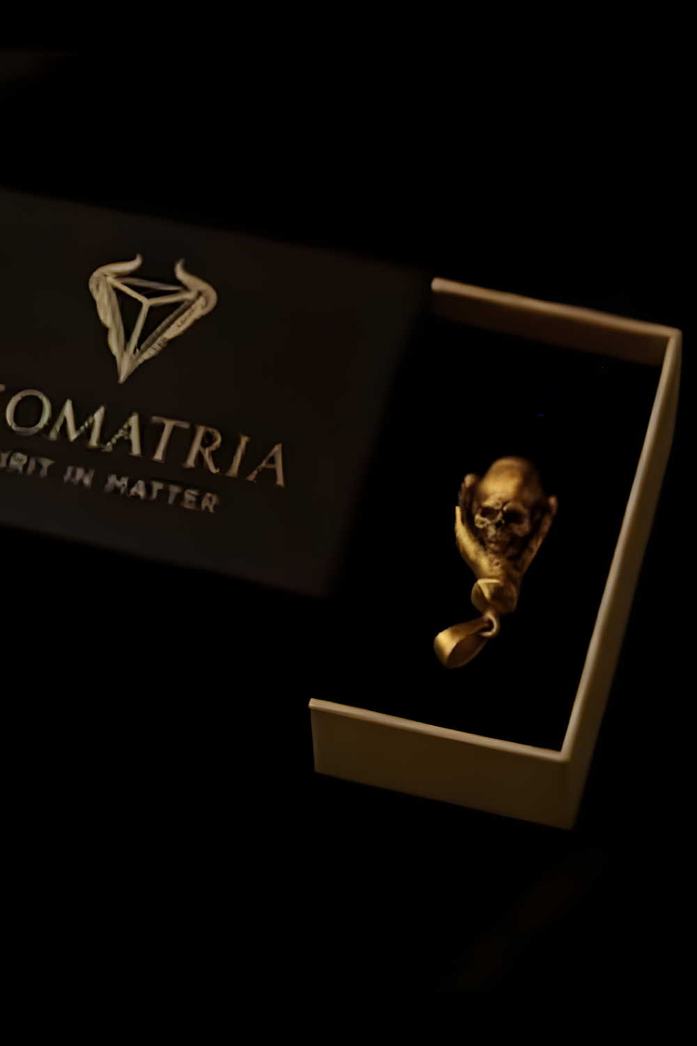 a gold-colored object, possibly a piece of jewelry, placed inside a box with a dark background.