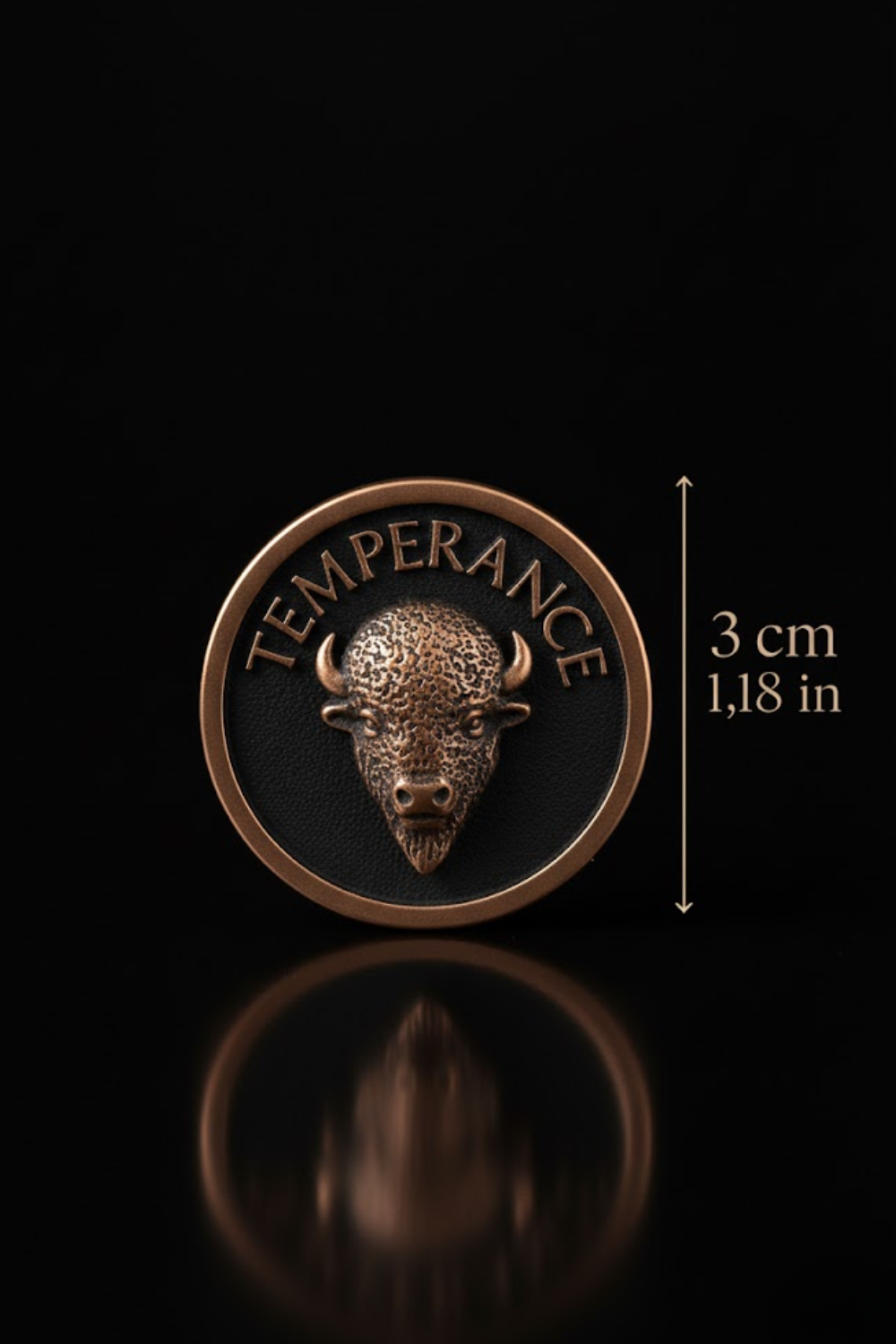 a close-up of a bull's head on a coin, with the word "TEMPERANCE" inscribed around it. The coin is described as being 3 cm in diameter.