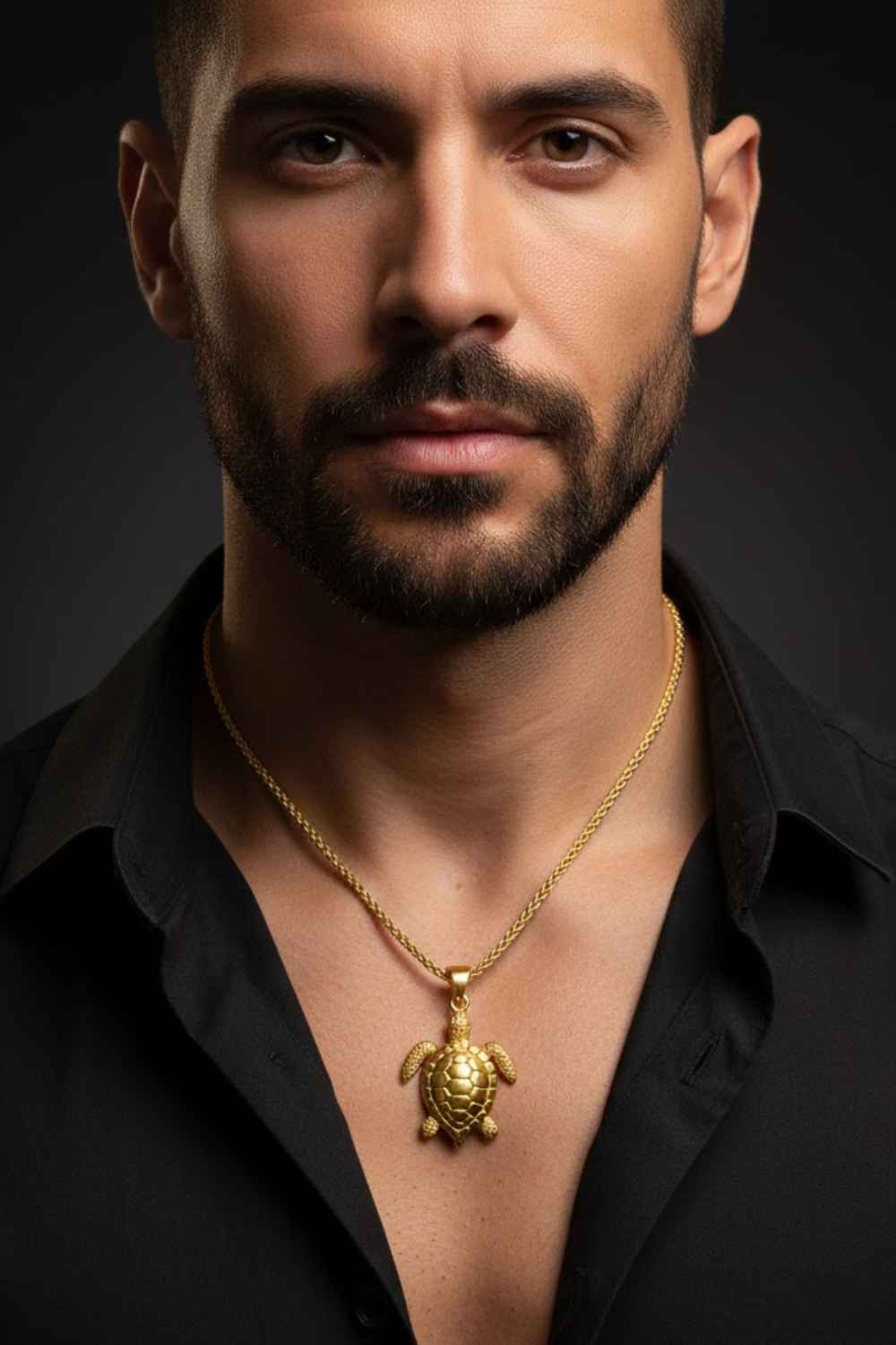 A man wearing a black shirt and a gold necklace with a turtle pendant.