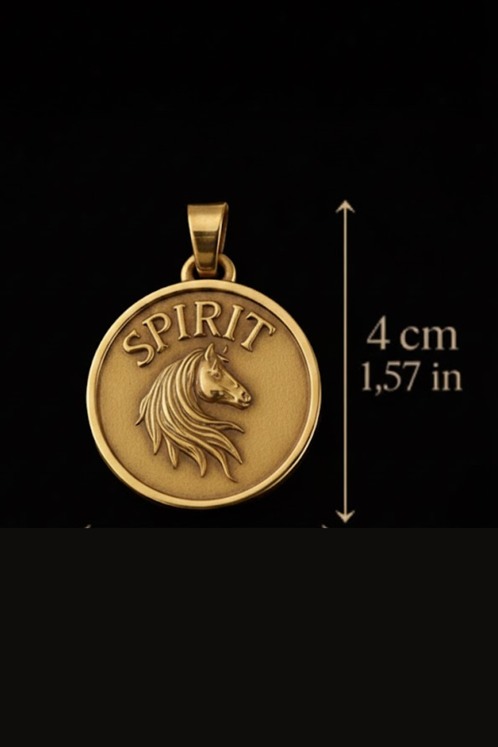 a gold-colored pendant with the word "SPIRIT" engraved on it, along with a horse's head design. The pendant is approximately 4 centimeters in diameter.