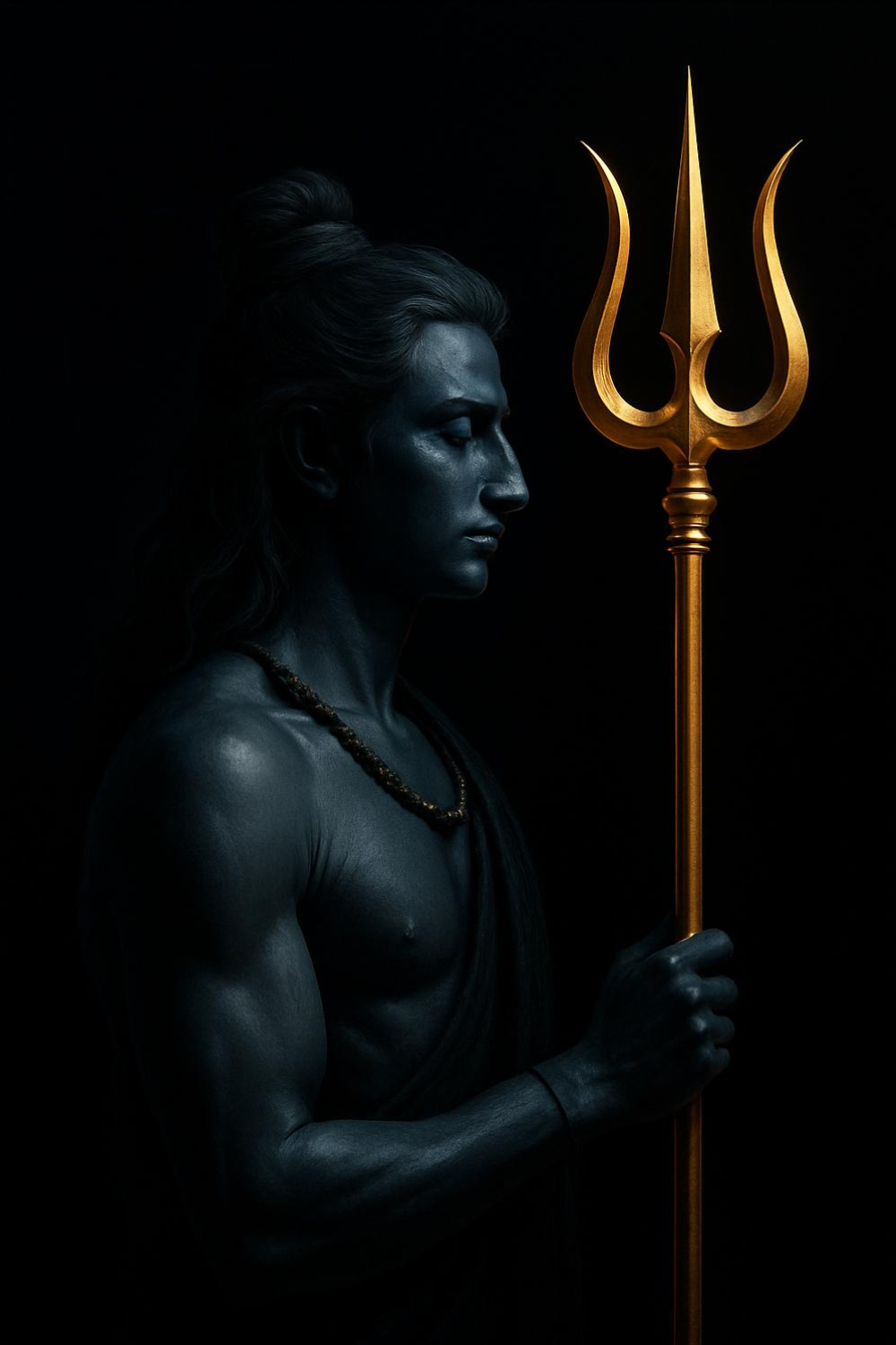 A muscular man with long hair stands in a dark, dramatic setting, holding a golden trident.