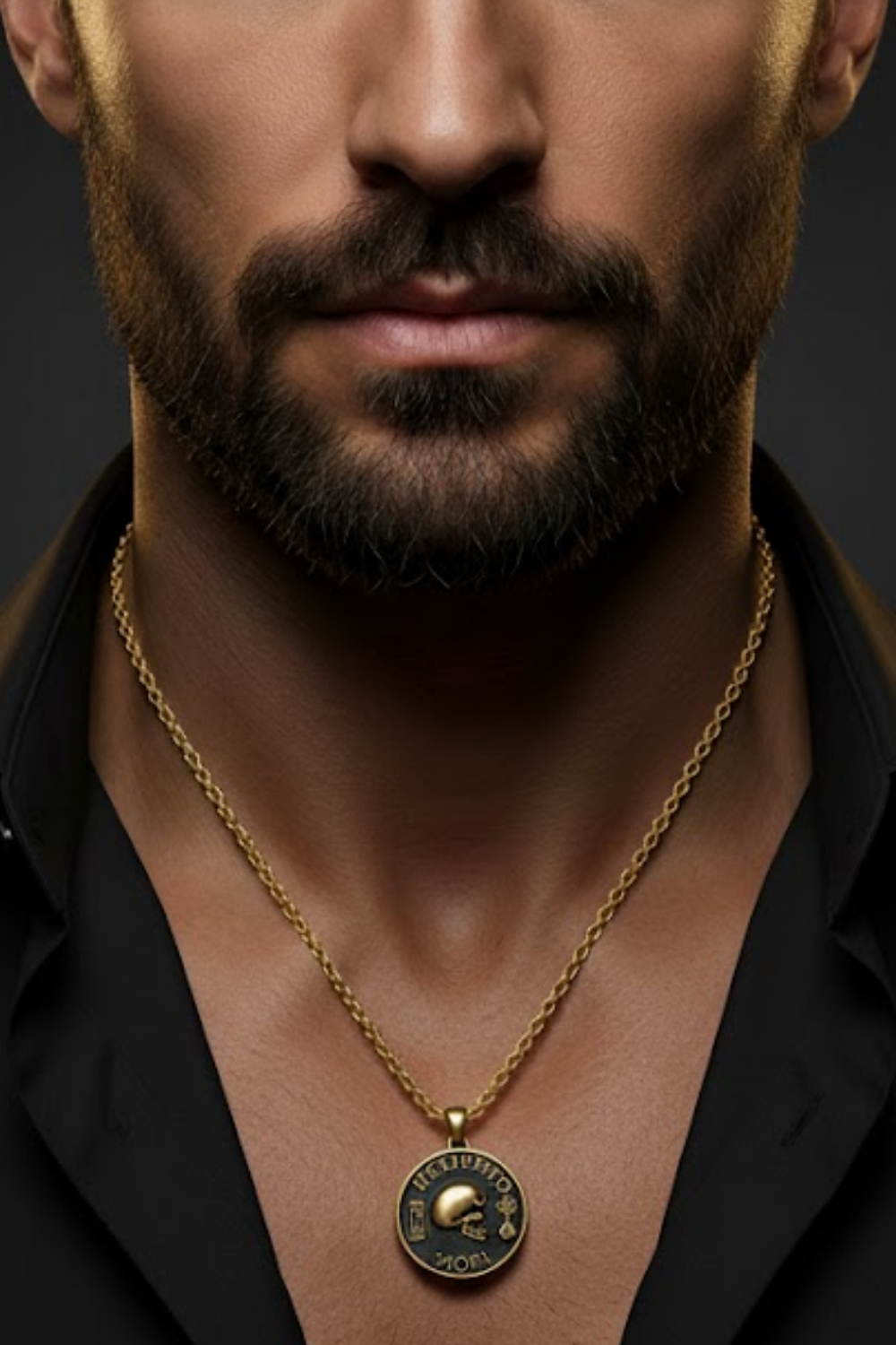 A close-up of a man's neck and chest area, with a gold necklace featuring a pendant around his neck.