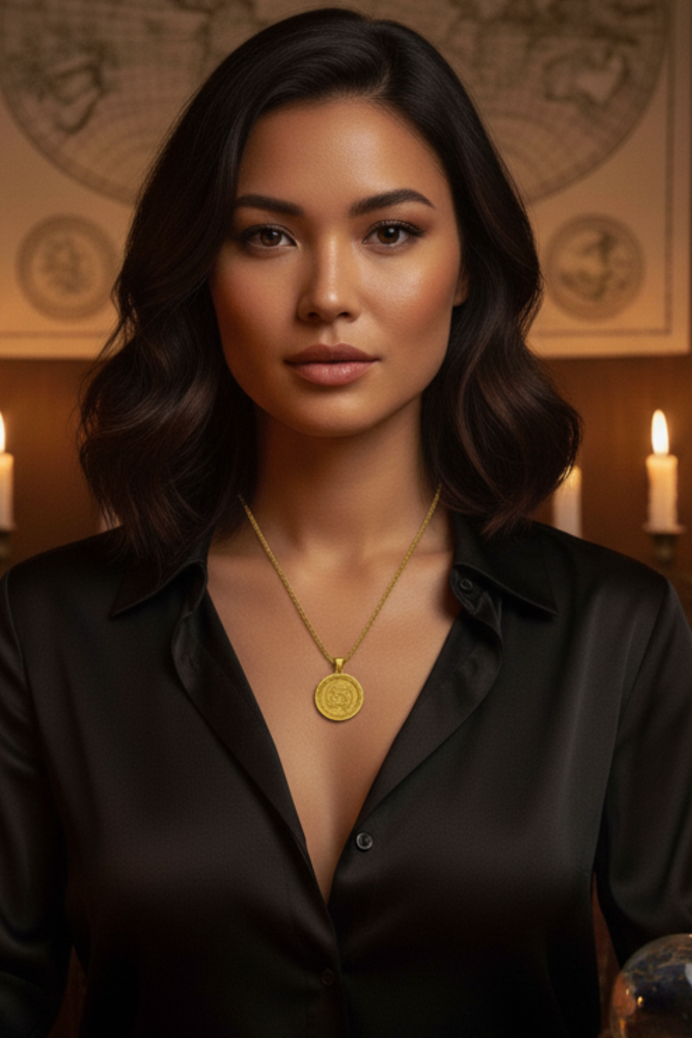 A woman with dark hair wearing a black blouse and a gold necklace with a pendant, standing in front of a map.