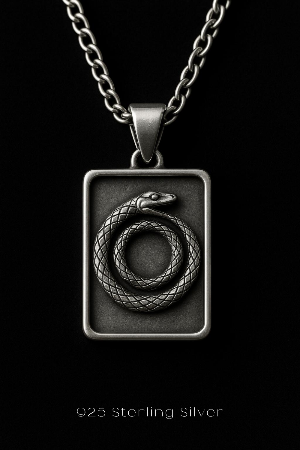 A silver pendant necklace with a rectangular pendant featuring a snake design.