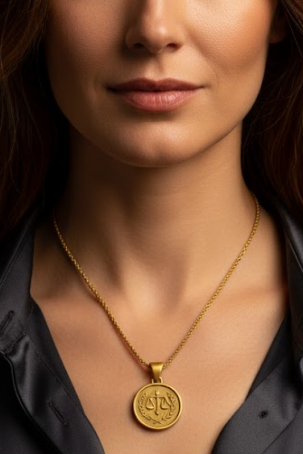 A close-up of a woman's neck and chest area, with a gold necklace featuring a pendant with a symbol.