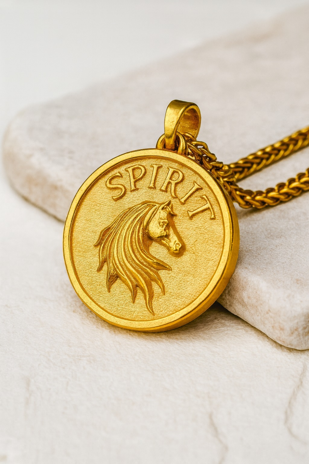 A gold-colored pendant with the word "SPIRIT" engraved on it, featuring a horse's head design.