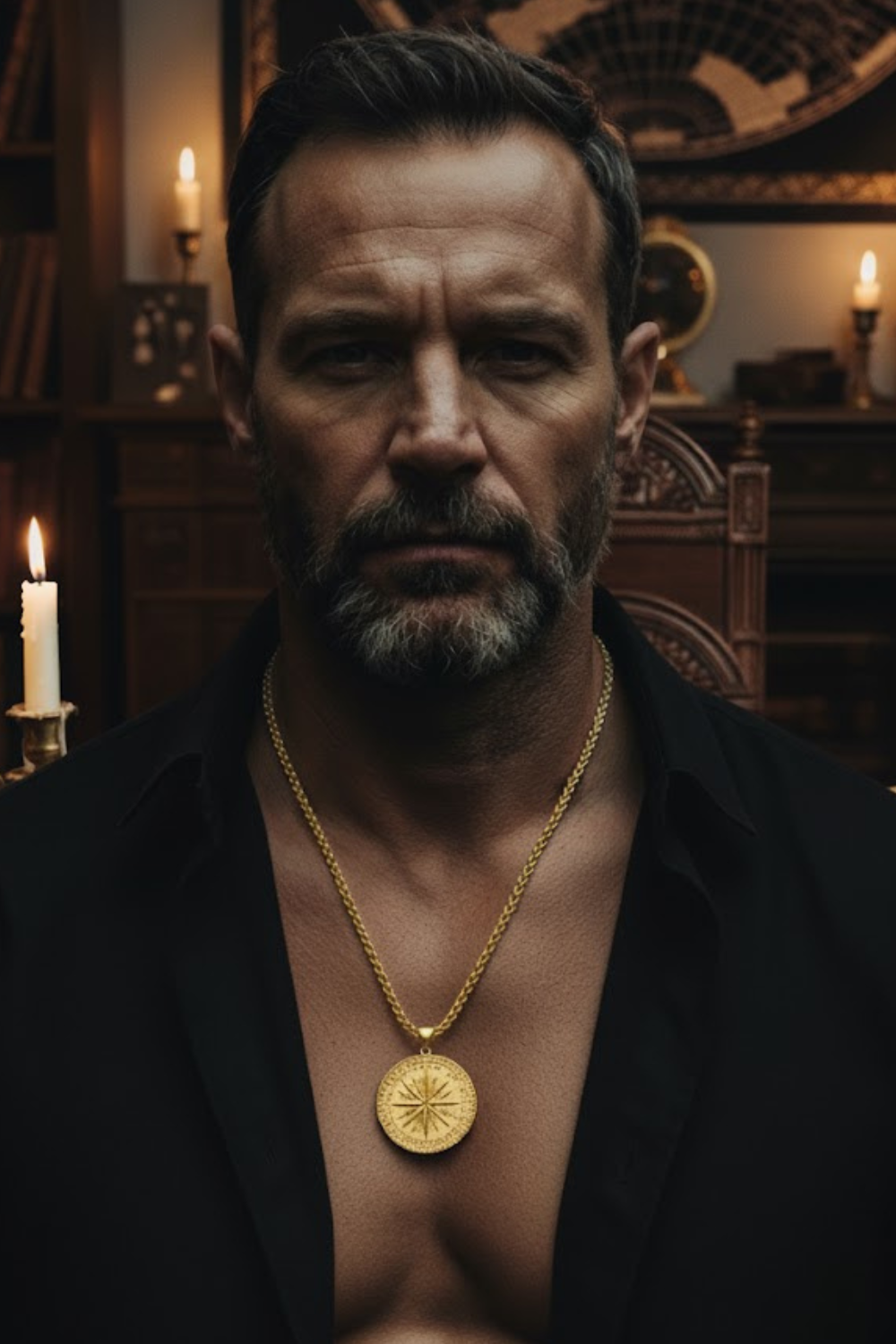 A man with a beard wearing a black jacket and a gold necklace with a large pendant is shown in a dimly lit room with bookshelves in the background.