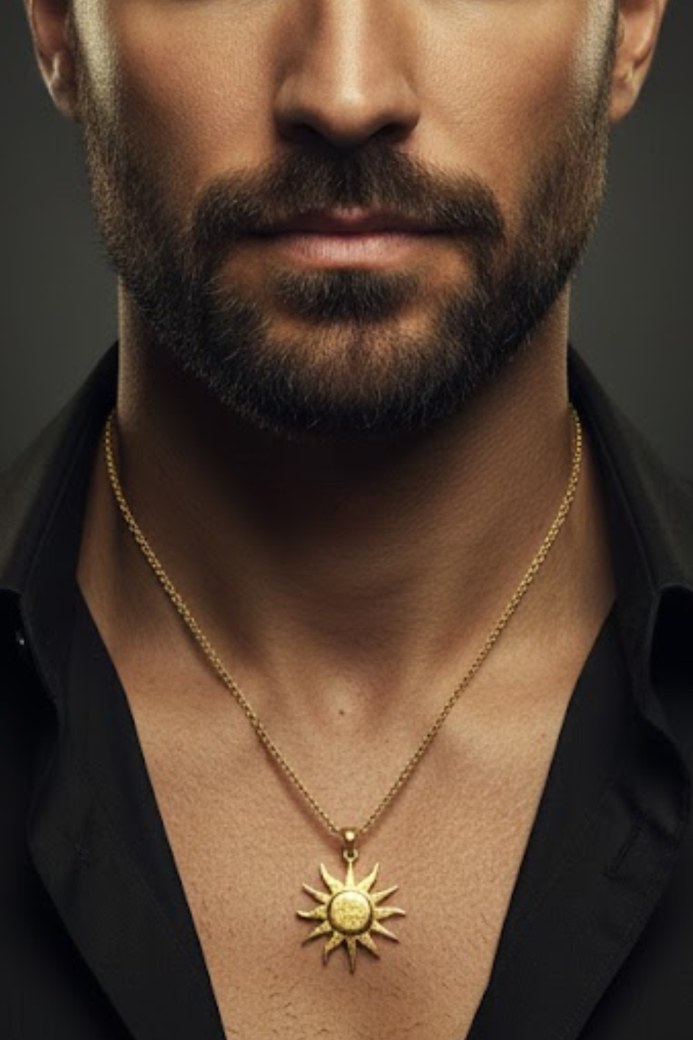 A close-up of a man's neck and chest area, with a gold necklace featuring a sun pendant.