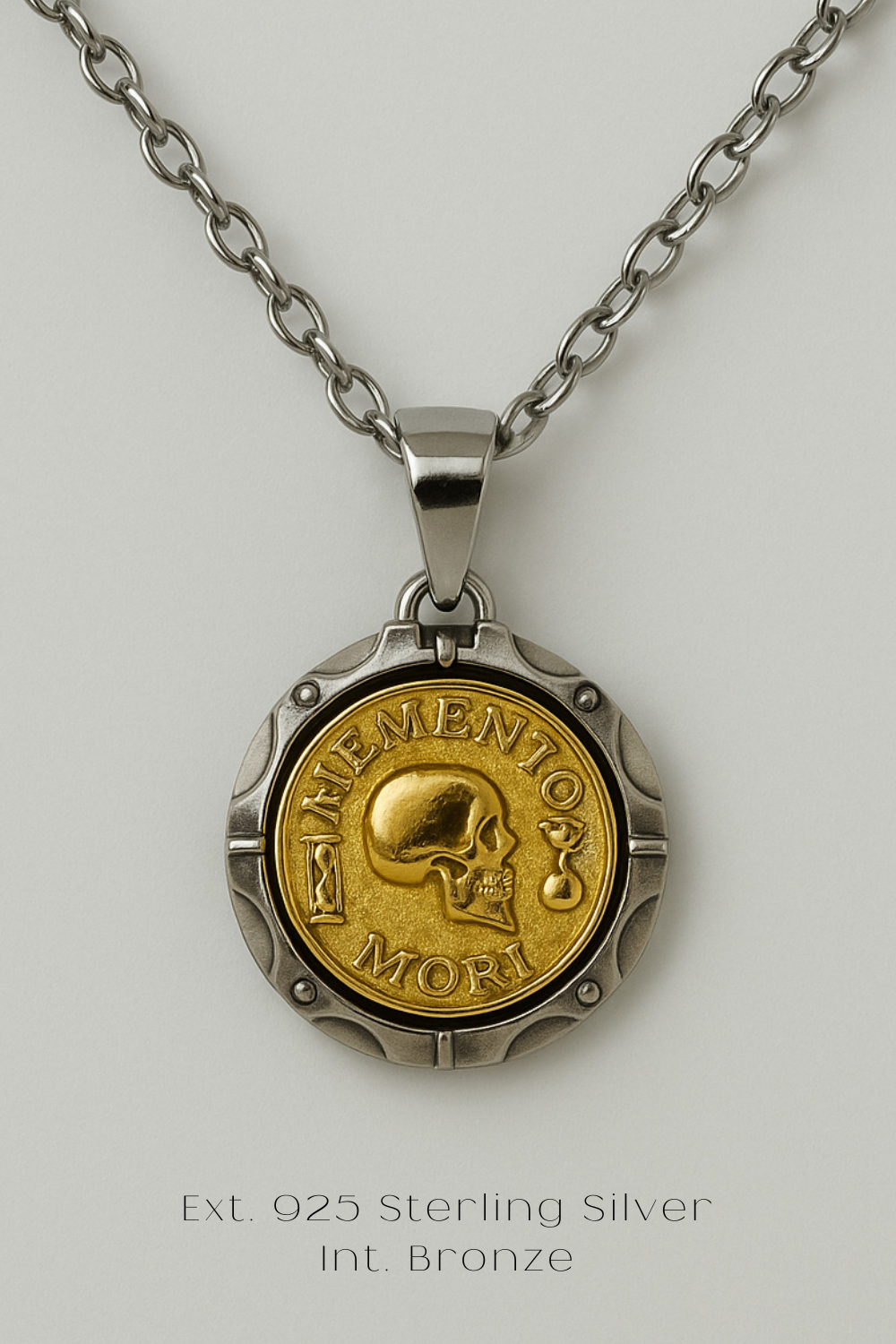 Memento Mori Necklace - Dual Metal Pendant | Symbol of Life, Death & Awareness | Handmade in 925 Sterling Silver & Bronze