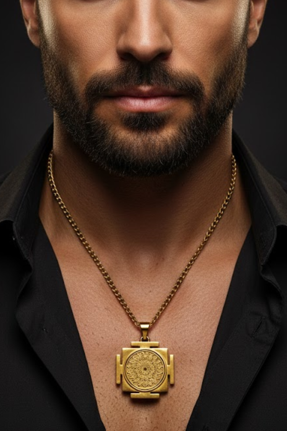 A close-up of a man's neck and chest area, with a gold necklace and a large, ornate pendant hanging from the neck.