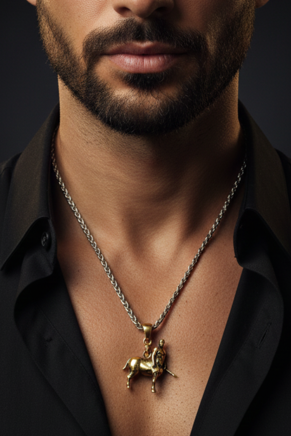 A close-up of a man's neck and chest area, with a gold-colored pendant featuring a horse design hanging from a silver chain.