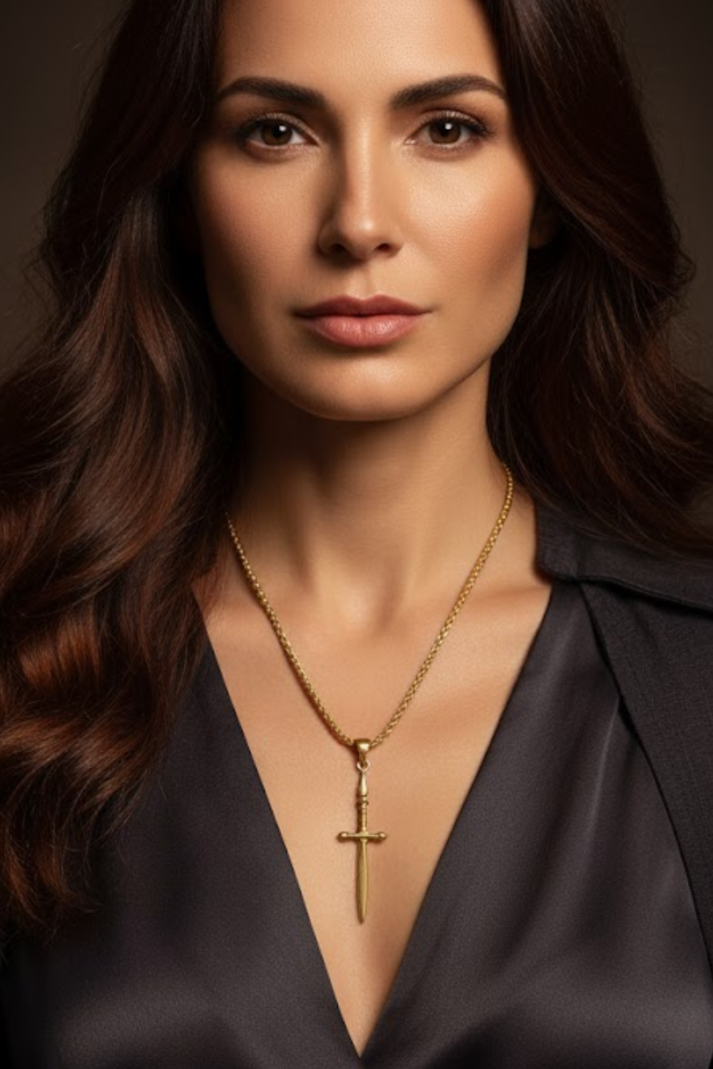 A woman with long brown hair wearing a black top and a gold cross necklace.