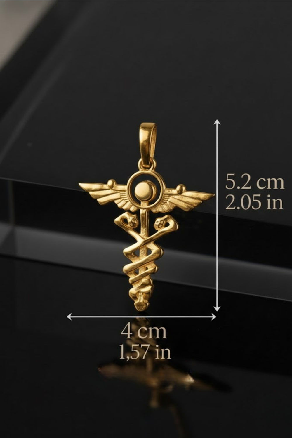 A gold-colored medical symbol pendant with wings and a crescent moon, placed on a reflective surface.