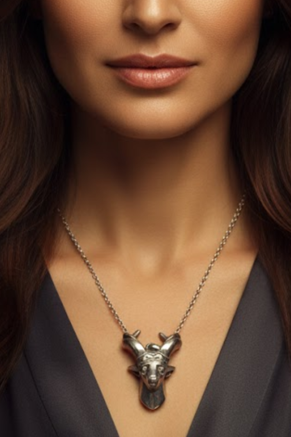 A close-up of a woman's face, with a silver pendant necklace featuring a unique, horn-like design hanging from her neck.
