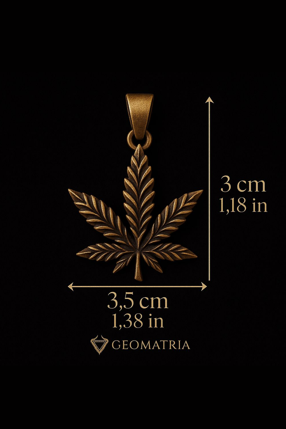 a pendant in the shape of a leaf, with measurements provided.