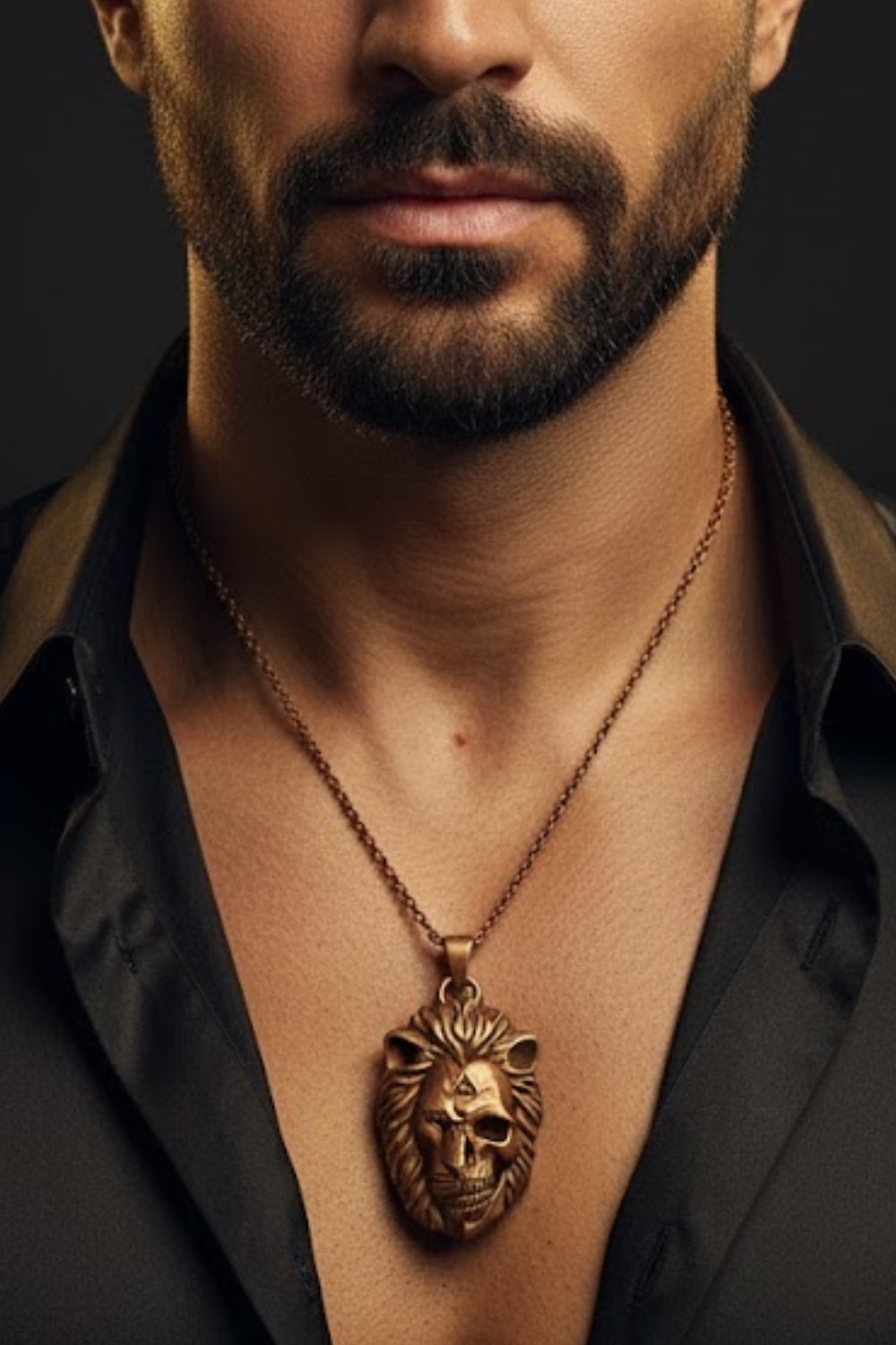A close-up of a man's neck and chest area, with a gold-colored pendant necklace featuring a lion's head design.
