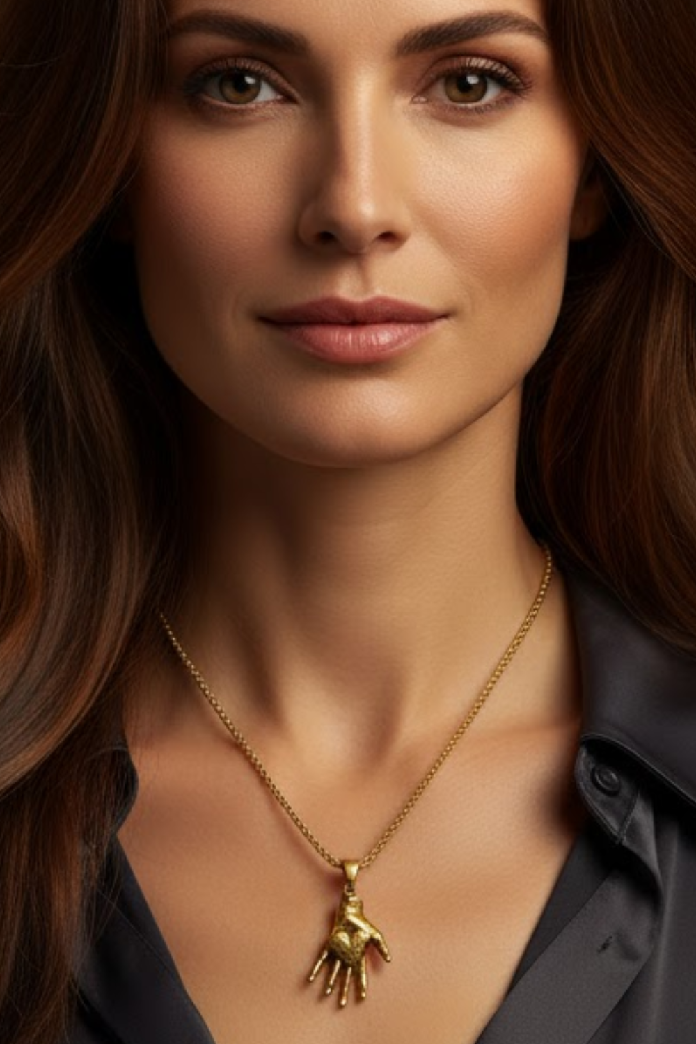 A close-up portrait of a woman with long brown hair, wearing a gold necklace with a pendant.