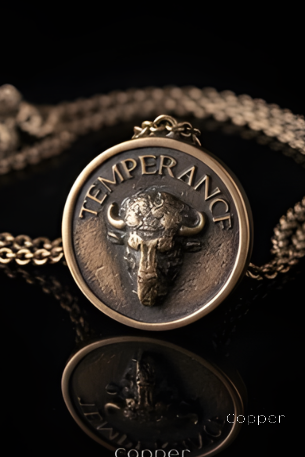 A close-up image of a pendant featuring a bull's head design, with the word "TEMPERANCE" inscribed on it. The pendant is made of a shiny, metallic material and is displayed against a dark background, with a chain visible in the background.