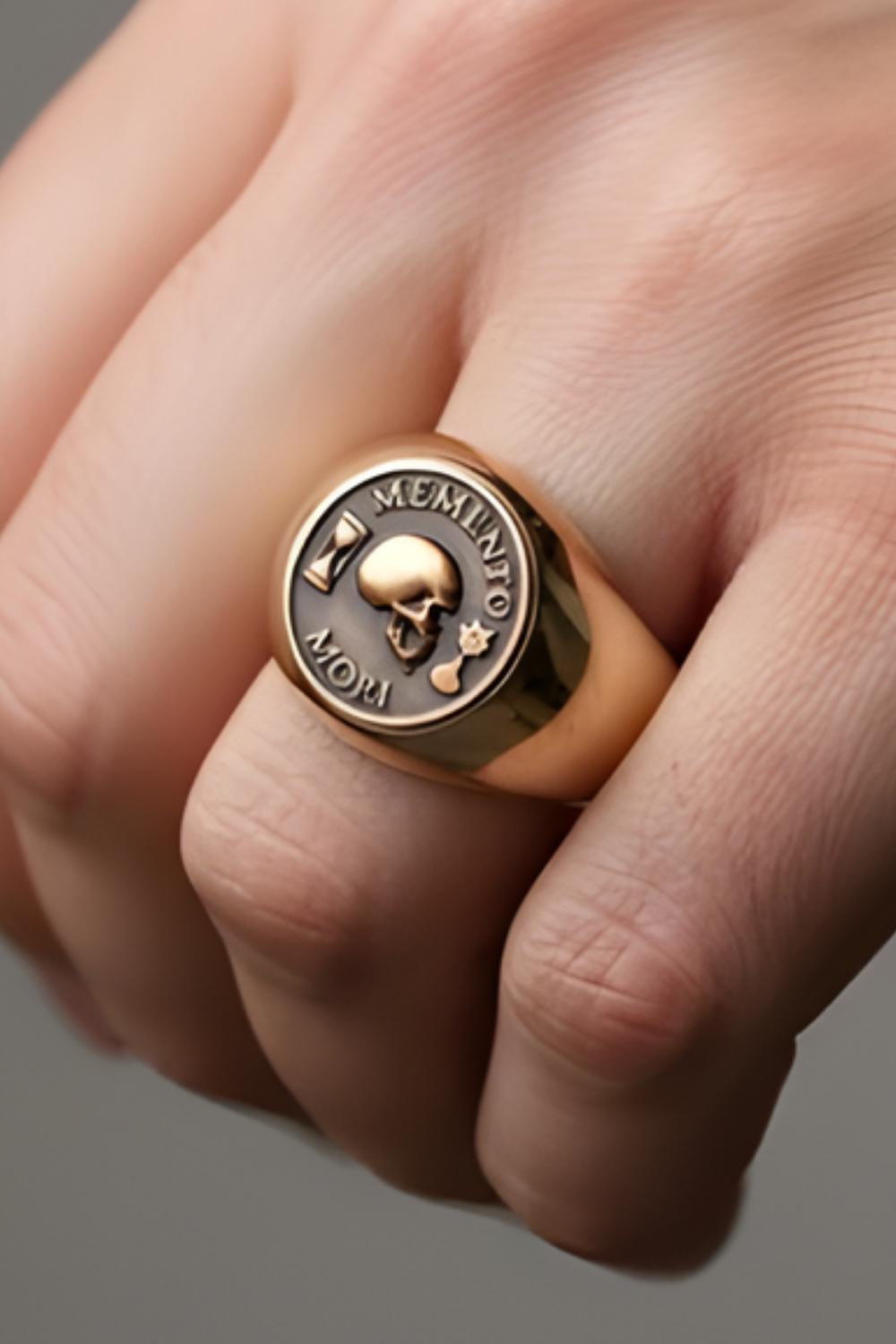 A close-up of a person's hand wearing a gold ring with a skull design and the Latin phrase "MEMIATO" engraved on it.