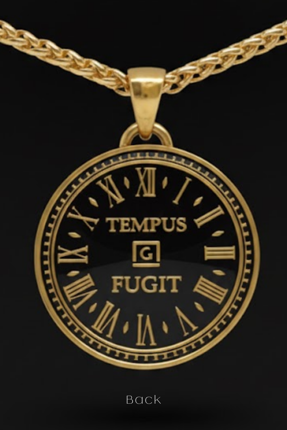 A gold-colored pendant necklace with a circular clock design on it.