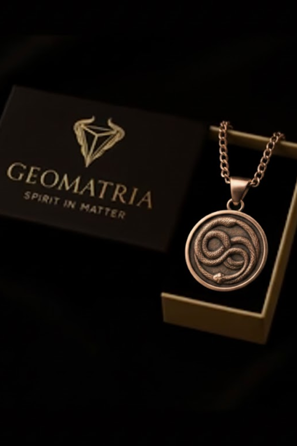 a pendant with a snake design, displayed in a box with the text "Geomatria" and "Spirit in Matter" printed on it.