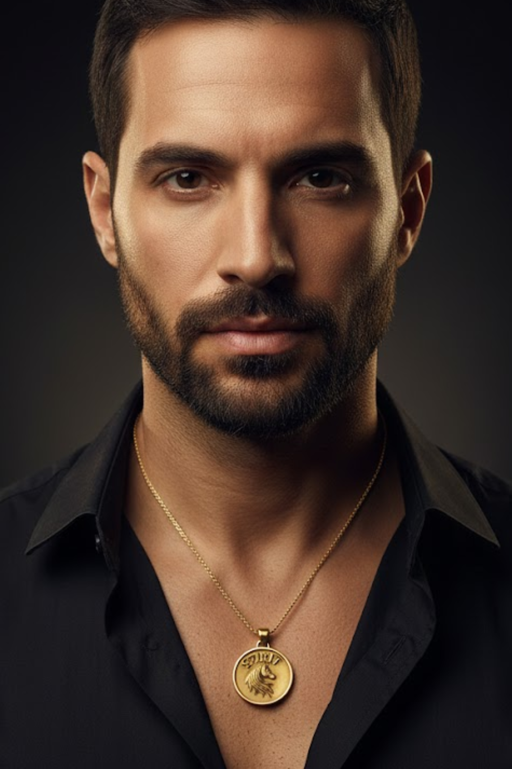 A man with a beard wearing a black shirt and a gold necklace with a pendant.