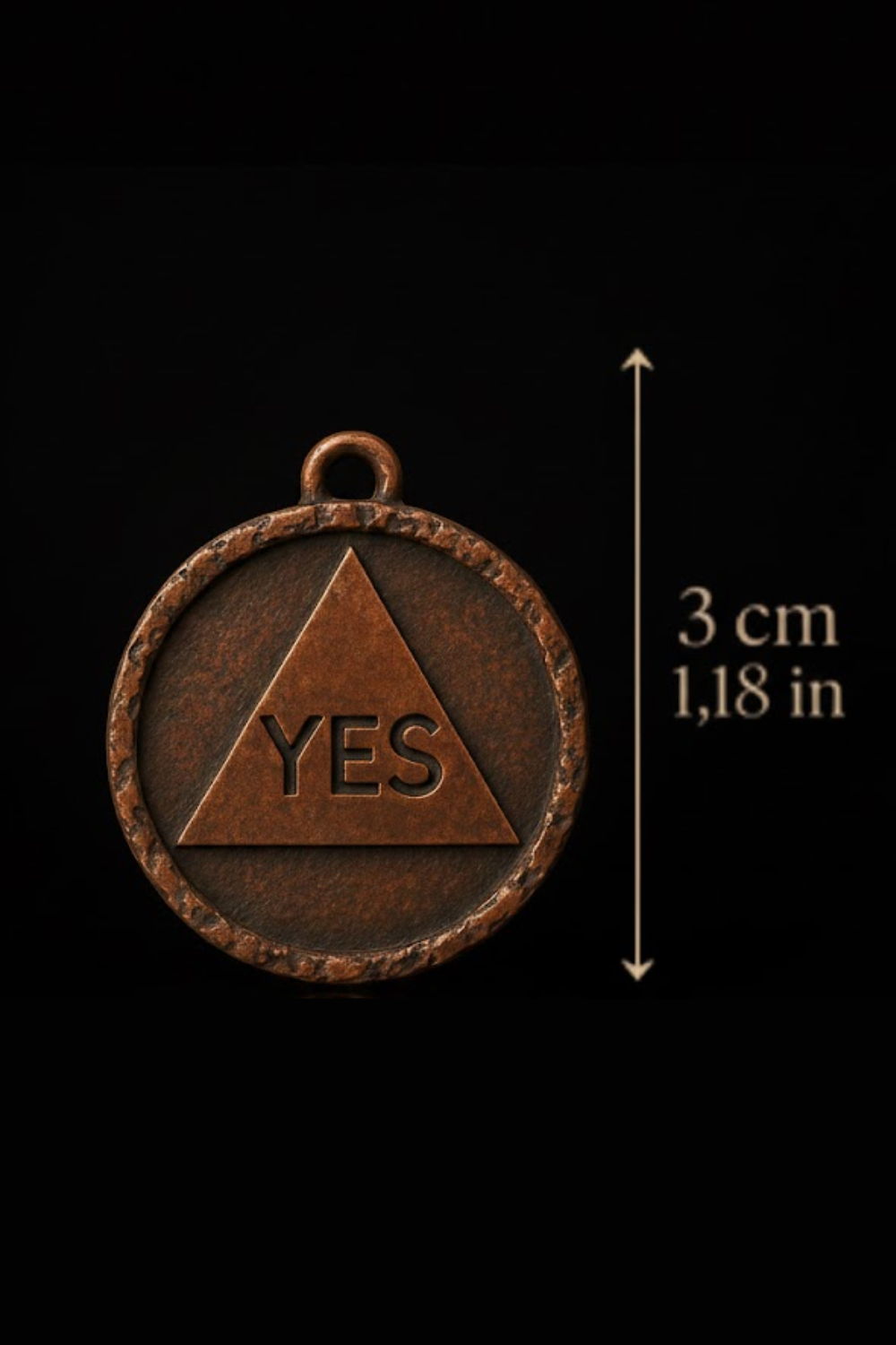 a large bronze-colored pendant with the word "YES" inside a triangle, and it is approximately 3 centimeters in diameter.