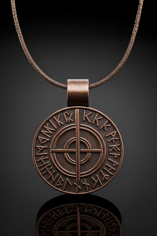 A circular pendant with a cross design and various symbols, including what appear to be letters and numbers, suspended from a chain against a dark background.