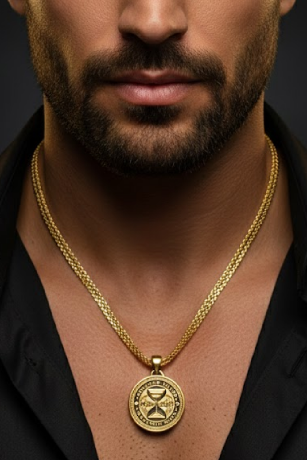 A close-up of a man's neck and chest area, with a gold chain necklace and a large, ornate pendant featuring a circular design.