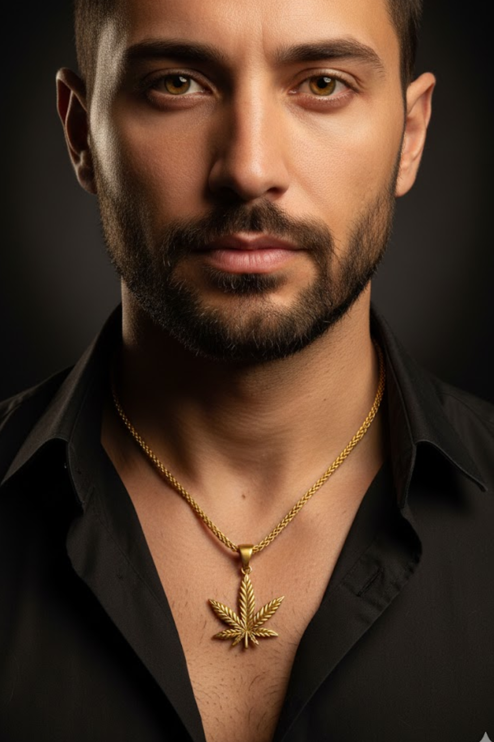 A man with a beard wearing a black shirt and a gold necklace with a leaf pendant.