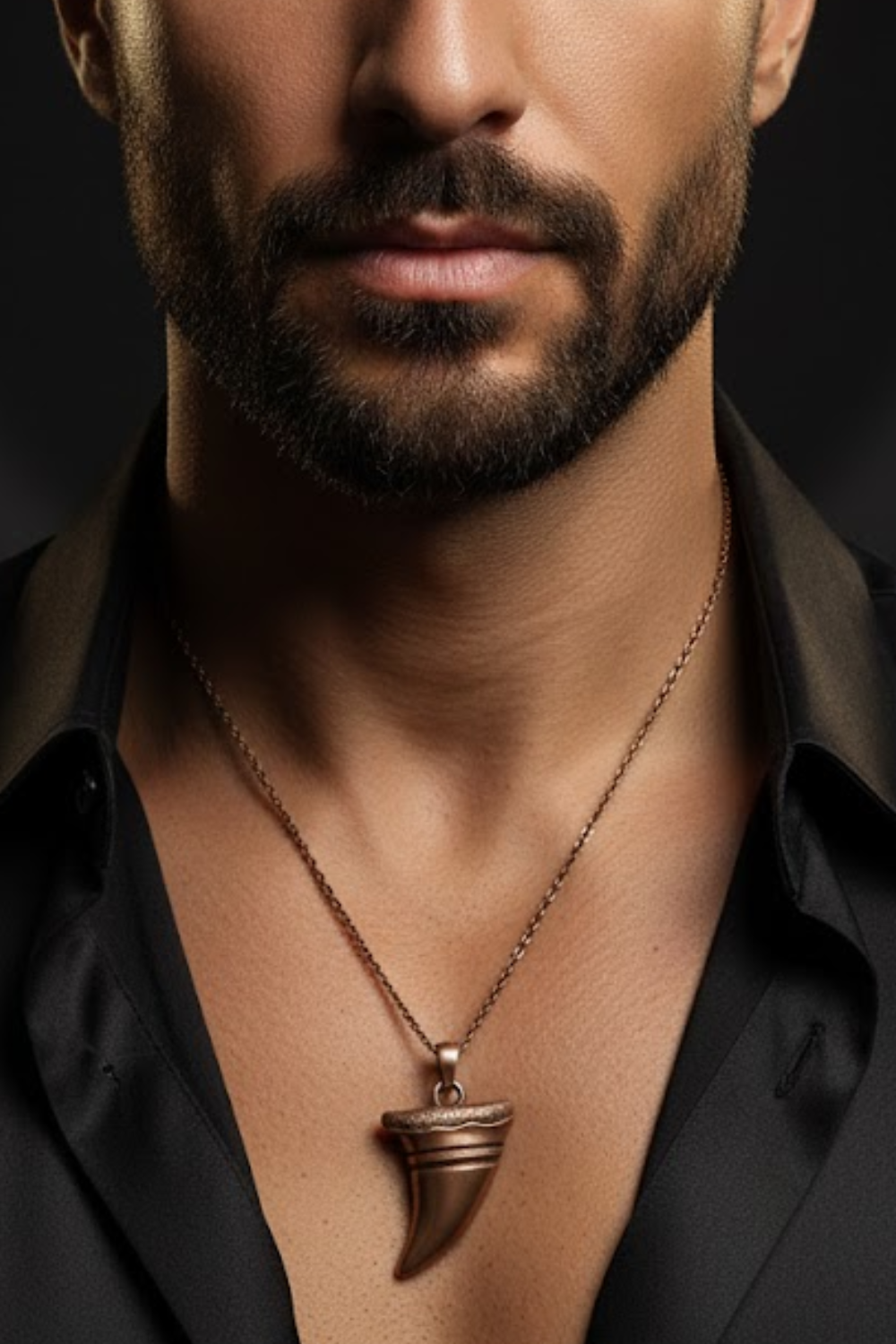 A close-up of a man's neck and chest area, with a pendant necklace featuring a large, ornate pendant.