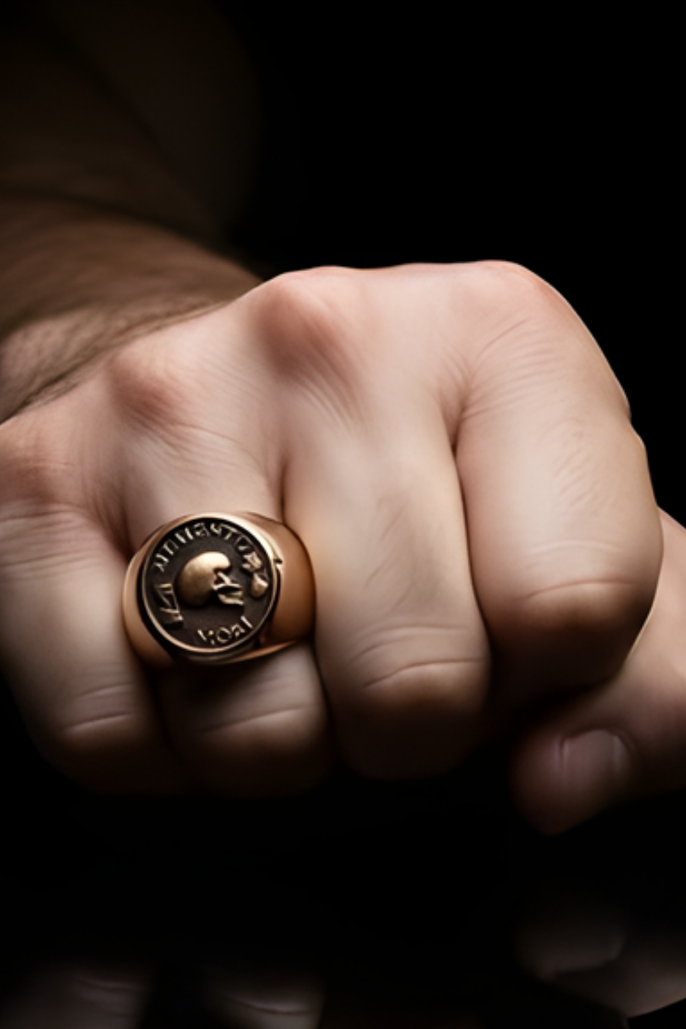 A close-up of a person's hand wearing a gold ring with a skull design.