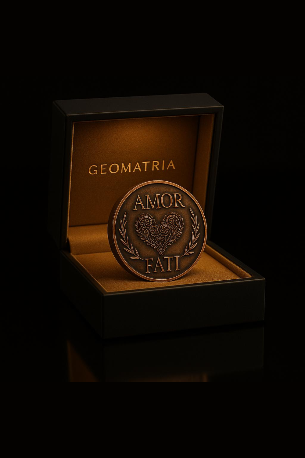 A round, bronze-colored coin with the words "AMOR FATTI" embossed on it, placed inside a black, gold-colored box labeled "GEOMATRIIA".